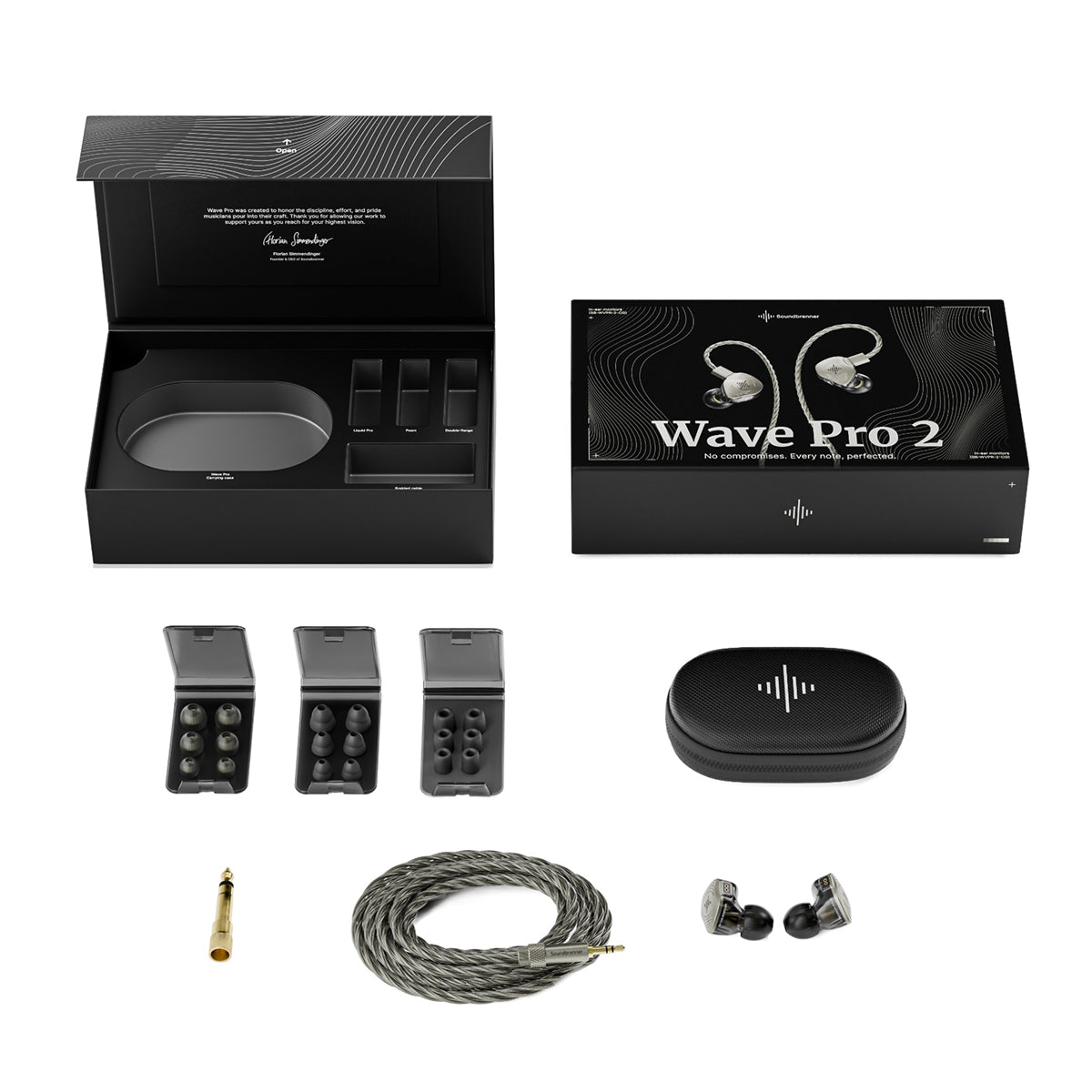 Wave Pro 2 retail box, earphones, cable, case, ear tips and adapter